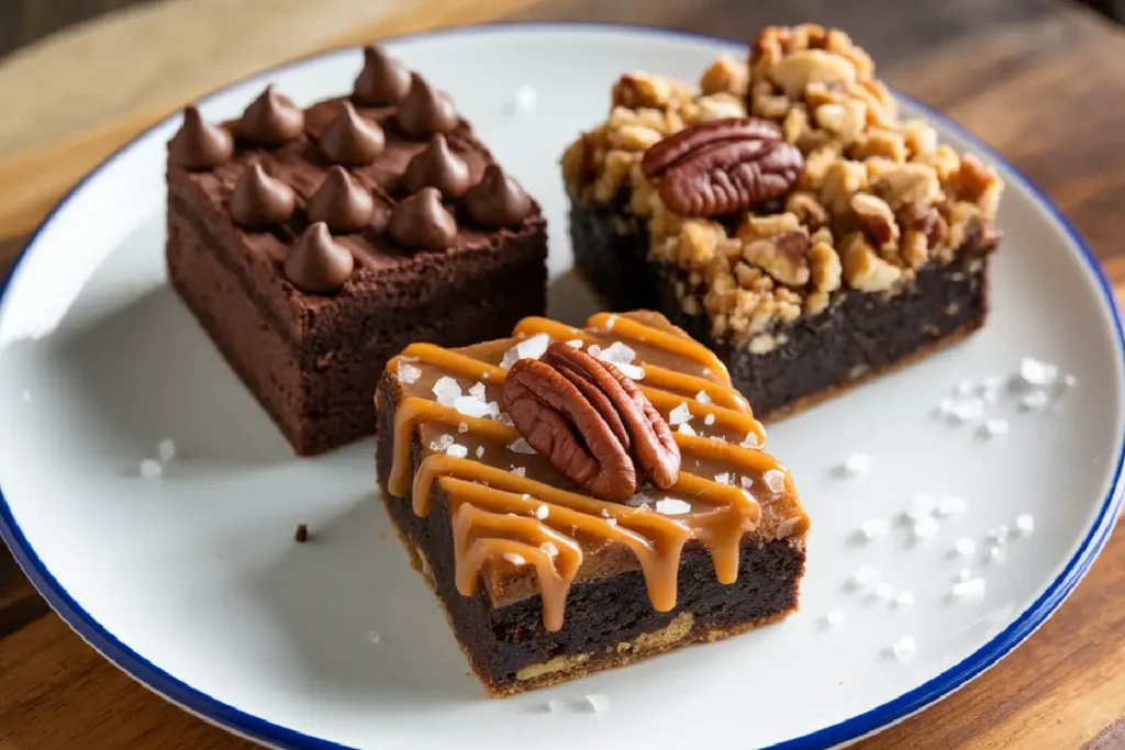 A trio of gourmet brownies on a white plate featuring chocolate frosting, nut crumble, and caramel pecan toppings.