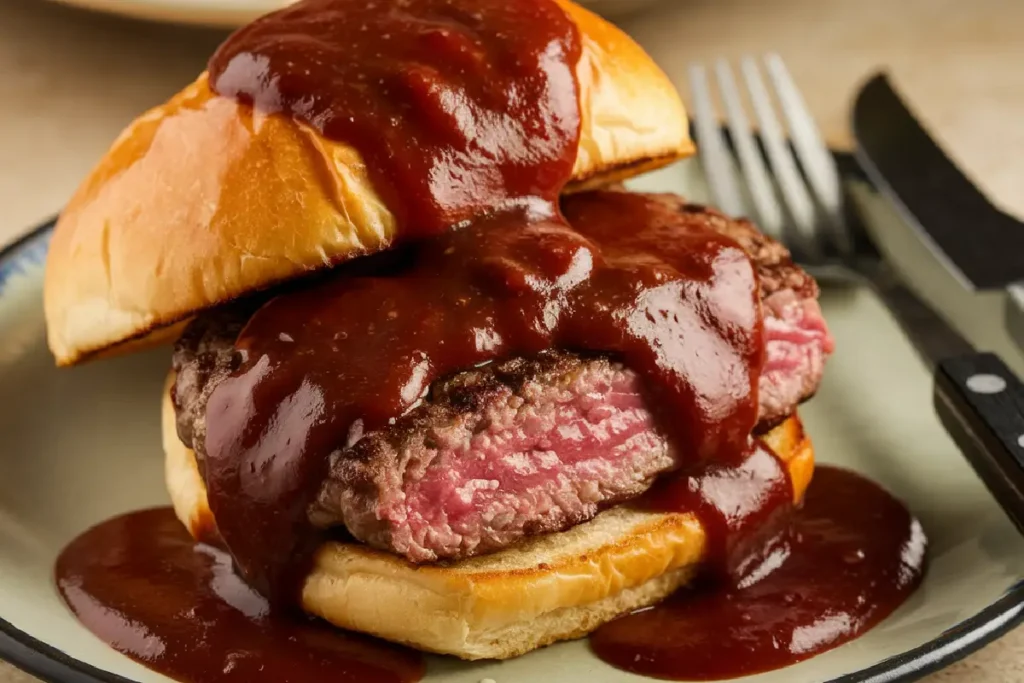 A juicy medium-rare burger topped with thick barbecue sauce served on a soft bun.