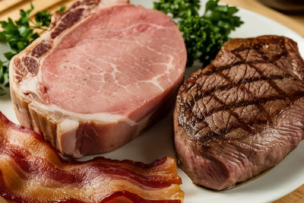 A close-up of a plate featuring bacon, a raw pork chop, and a grilled steak with garnish in the background.