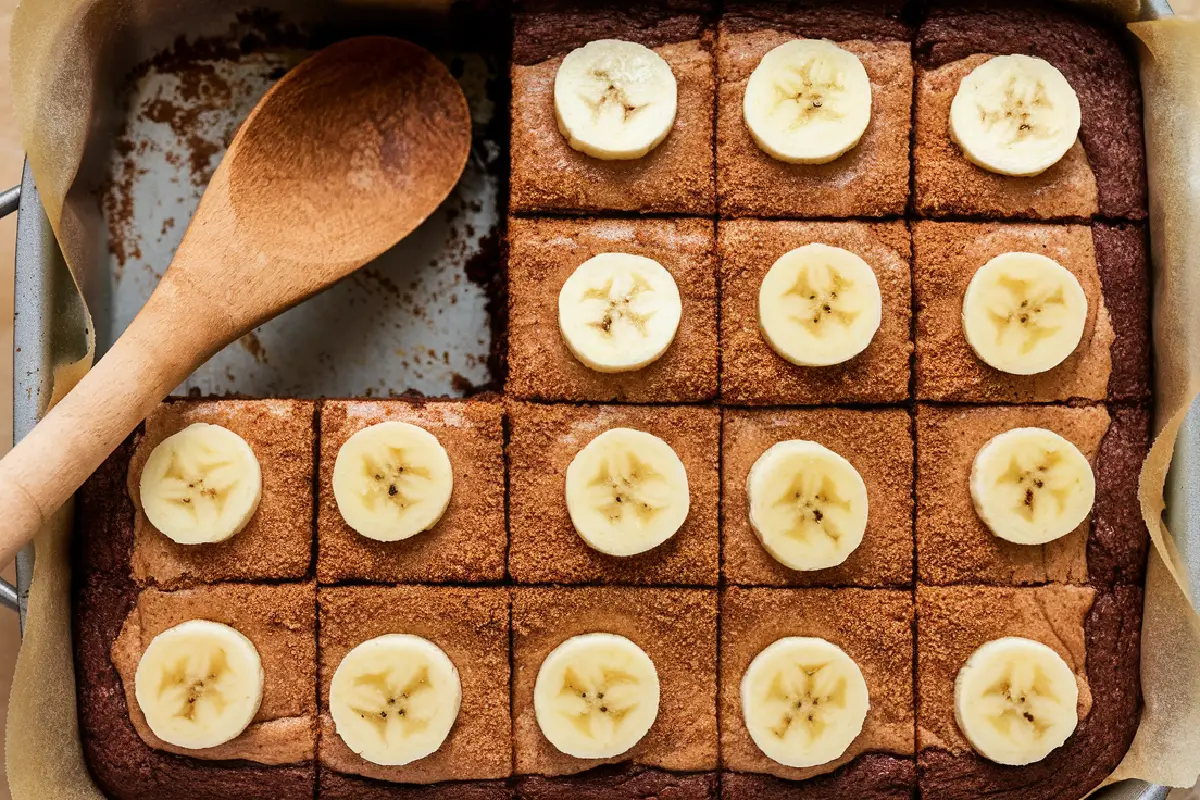 Freshly baked banana chocolate brownie squares with sliced banana toppings in a baking tray