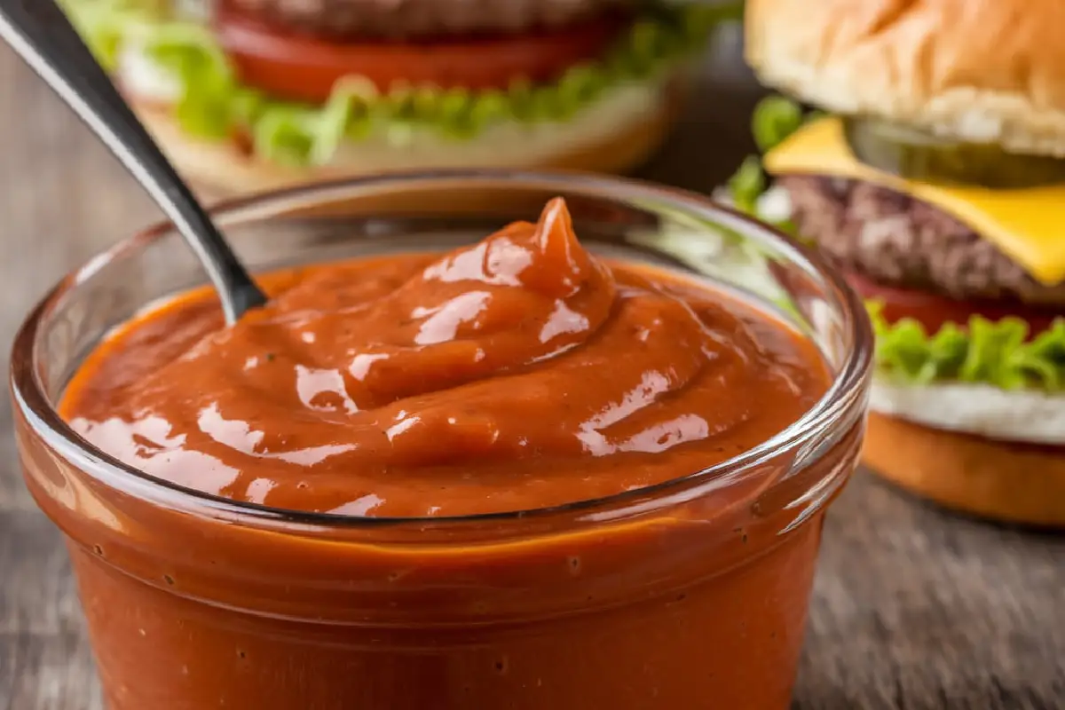 A glass bowl filled with rich BBQ sauce placed next to a hamburger.