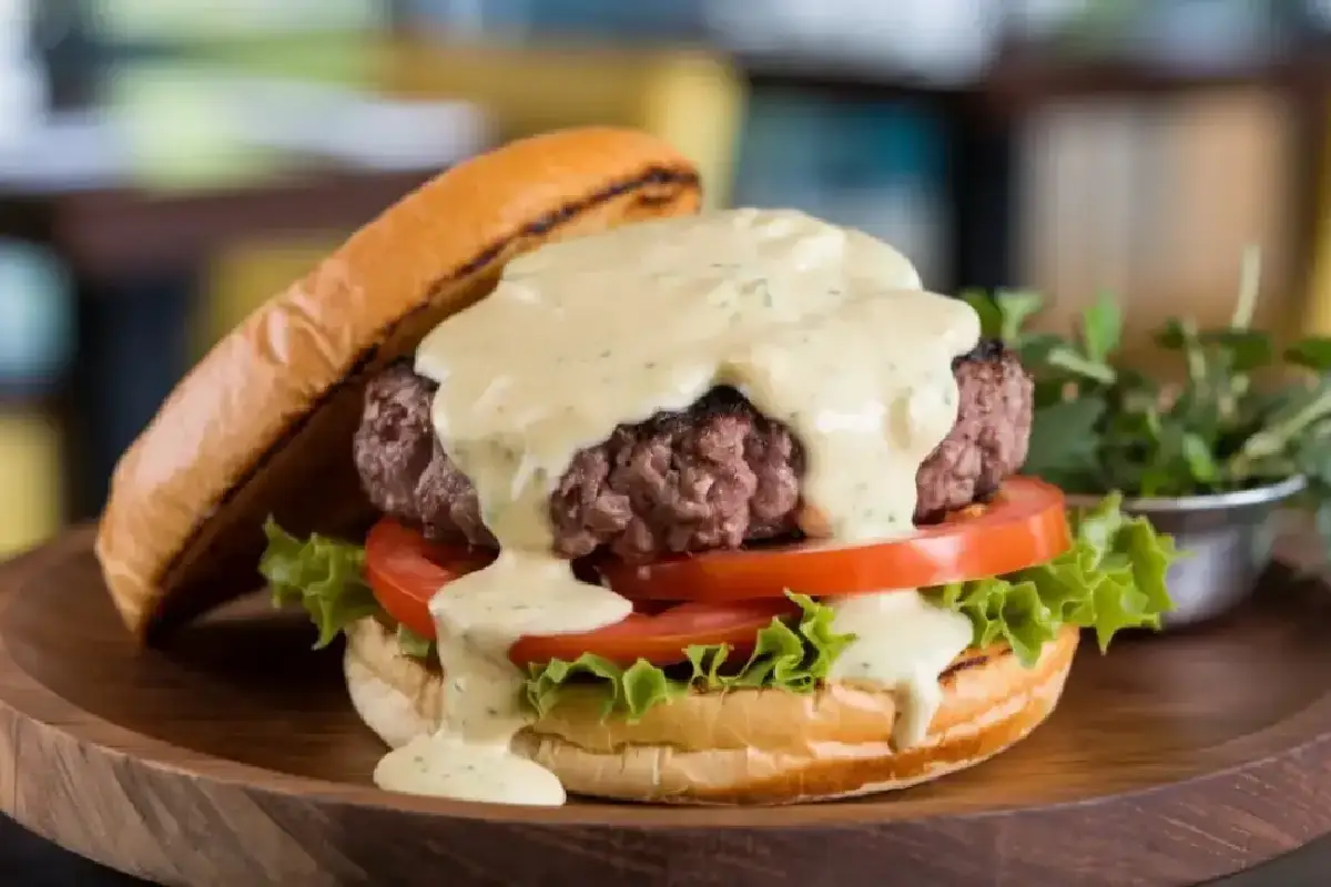 Juicy gourmet burger with lettuce, tomato, and creamy white sauce served on a wooden plate